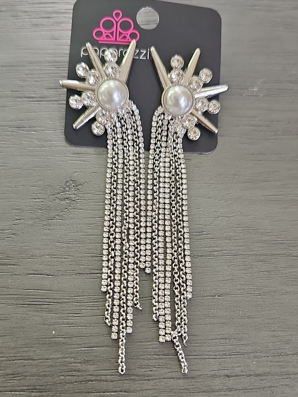 paparazzi Silver Starburst Pearl Fringe Dangle Earrings